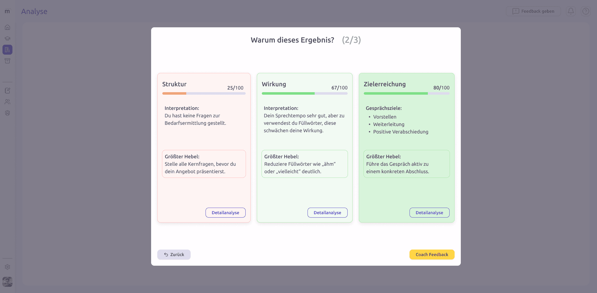 App-Screen: Auswertung nach Kriterien